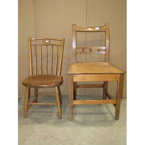 2397 - A 19th century stripped oak countrymade bar back dining chair with solid seat, raised on square cut ... 