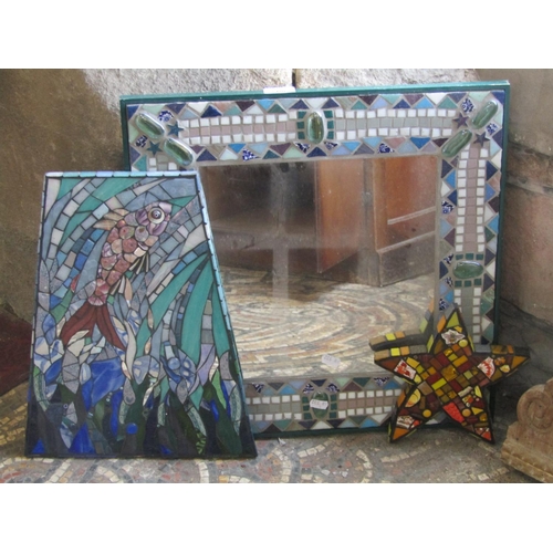 2406 - A small contemporary wall mirror with inset mosaic frame, 48cm square, together with five further de... 