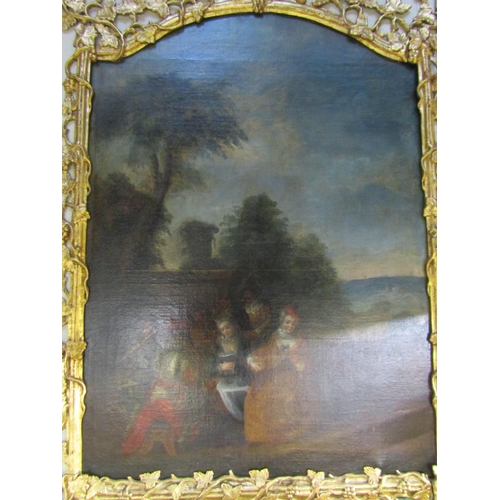 2429 - 18th century pier glass set beneath an arched canvas depicting a Watteauesque scene of characters an... 