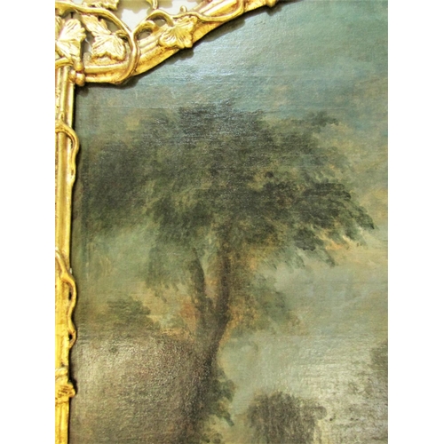 2429 - 18th century pier glass set beneath an arched canvas depicting a Watteauesque scene of characters an... 