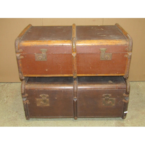 2112a - Two vintage lathe bound cabin trunks with a further industrial container with oak rim, 75 cm high