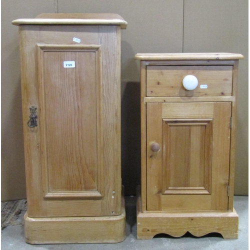 2120 - A Victorian stripped pine bedside cupboard, enclosed by a single rectangular moulded panelled door, ... 