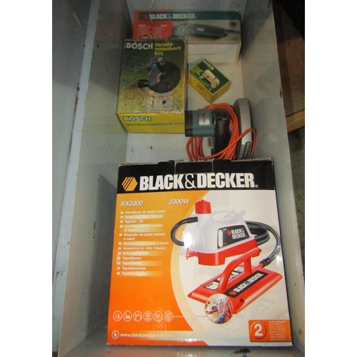 2148 - A green painted steel trunk containing various power tools comprising a Black and Decker KA510 Elect... 