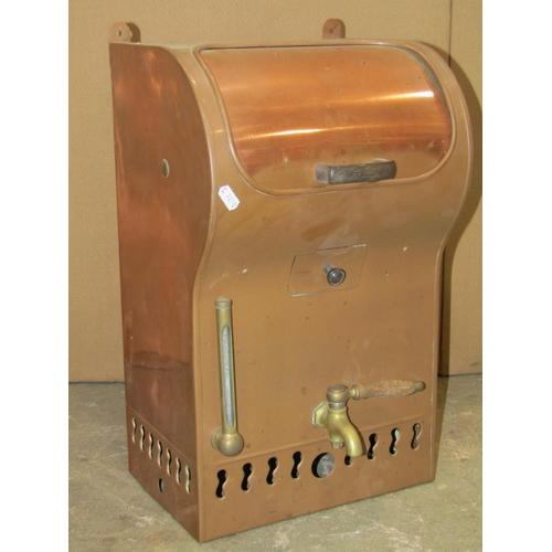 2158 - A vintage copper wall mounted water heater with brass tap and fittings