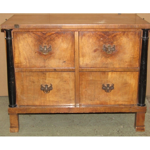 2280A - Small 19th century Biedermeier pale walnut chest of four short drawers with ebonised column supports... 