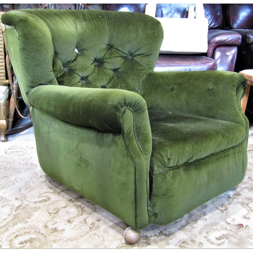 2326 - A low vintage deep seated easy chair with rolled arms, button back and upholstered finish