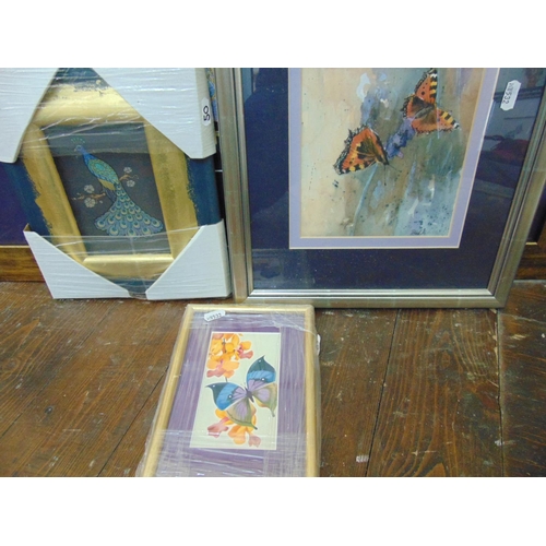 270 - A framed jigsaw of a peacock, together with a small illustration of a peacock, a watercolour of two ... 