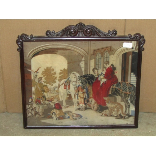 2377a - A mid-19th century petit point tapestry panel 'Returning from Hawking' in a period mahogany frame