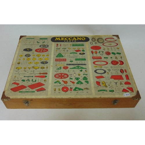 84 - Vintage wooden Meccano parts box with hinged lid, top shows details of each part by reference number... 