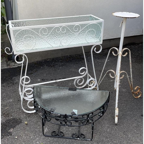 2098 - A terrace table with inset glass top and green painted metal frame and supports together with an alu... 