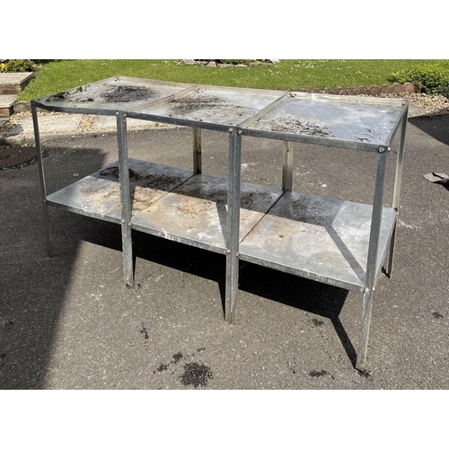 2098 - A terrace table with inset glass top and green painted metal frame and supports together with an alu... 