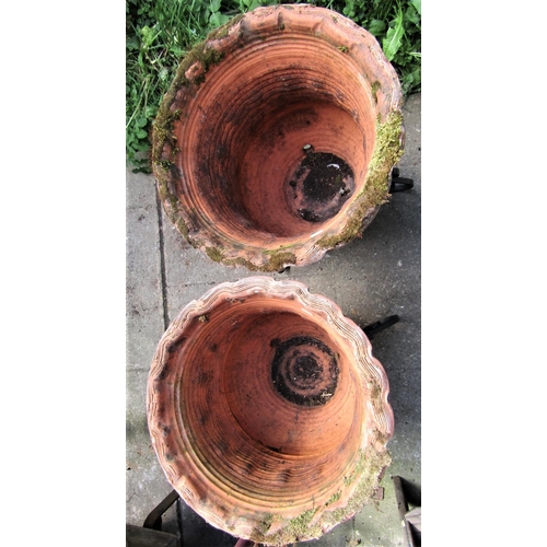 2071 - A pair of weathered terracotta planters, with crimped rims and circular bodies, raised on associated... 