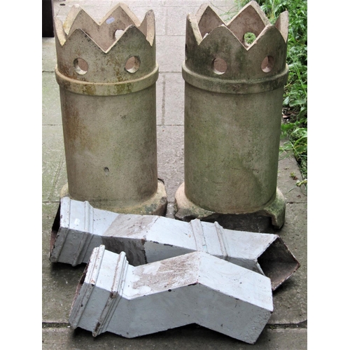 2076 - Two reclaimed buff coloured crown top cylindrical chimney pots, 63cm high, together with two box sec... 