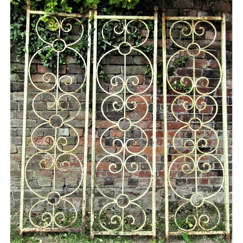 2096 - A run of three decorative iron work panels with ring scrollwork detail, each panel 186 cm high (full... 