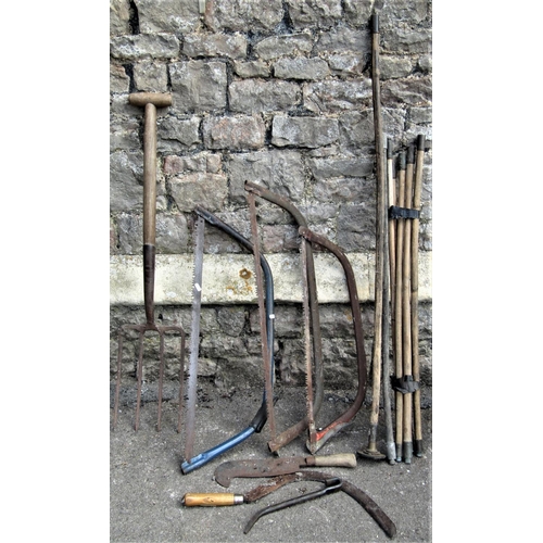 2186 - A small collection of tools comprising a T handled garden fork, a bill hook, sickle, chimney cleanin... 