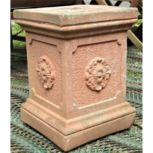 2203 - A square cut garden pedestal with terracotta coloured finish with tudor rose detail