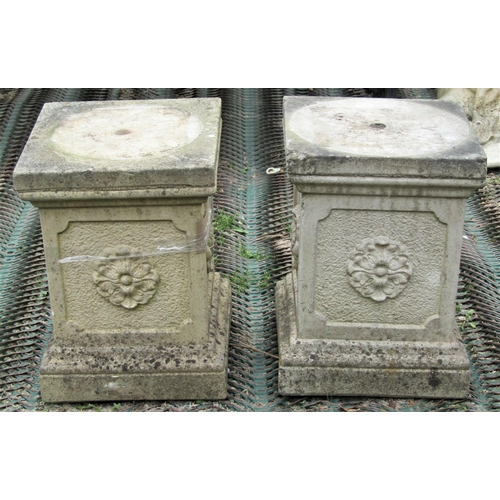 2204 - A pair of reclaimed square cut pedestals with tudor rose detail, 43cm high