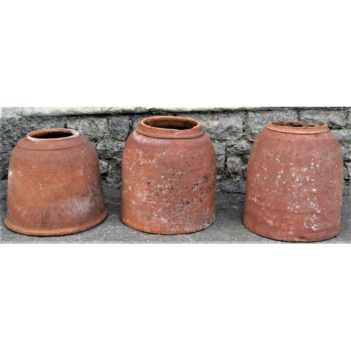 2228 - Three similar old weathered terracotta bell shaped kale forcers, 37cm and smaller