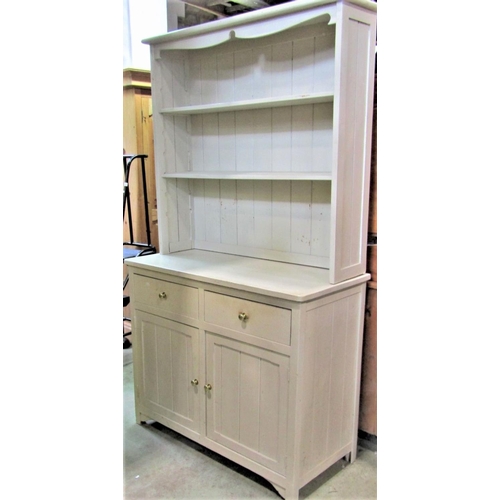 2322 - A rustic painted pine kitchen dresser with tongue and groove boarded framework, the base enclosed by... 