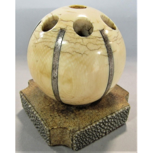 1542 - A good quality antique ivory and silver applied spherical pen holder upon a shagreen square shaped p... 