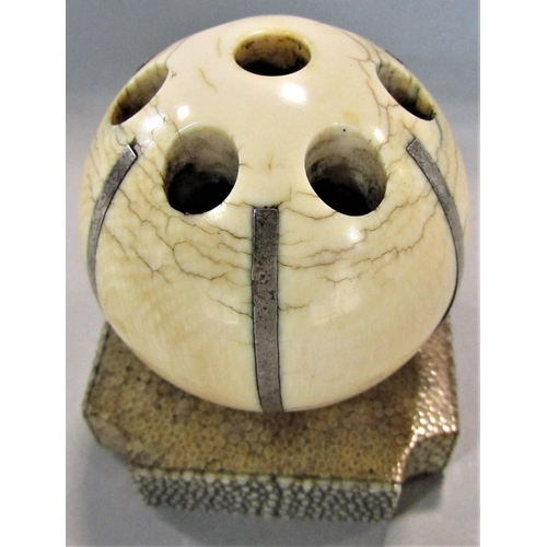 1542 - A good quality antique ivory and silver applied spherical pen holder upon a shagreen square shaped p... 