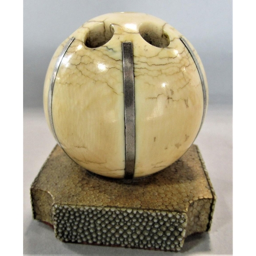 1542 - A good quality antique ivory and silver applied spherical pen holder upon a shagreen square shaped p... 