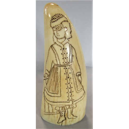 1544 - An antique scrimshaw with pin work decoration of a standing female character and further bust portra... 