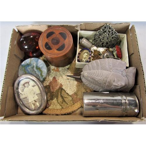 1548 - A box of interesting items to include a silver propelling pencil, a silver thimble, a inlaid treen b... 