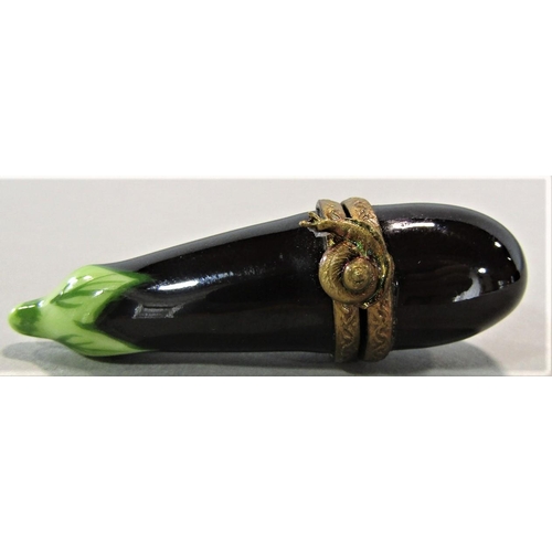 1551 - Dubarry Limoges porcelain novelty trinket box in the form of an aubergine with snail clasp, 6cm long