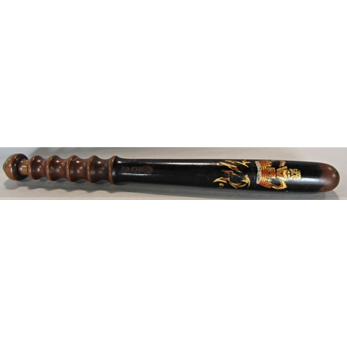 1563 - Antique ebonised police truncheon with gilt painted crown and VR number B2, 39cm long