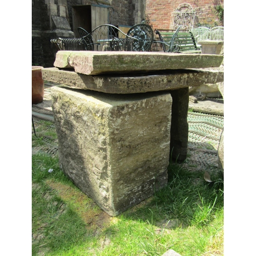 2134 - A weathered natural stone butchers table/slab (af in four sections) 140cm long x 62cm, wide