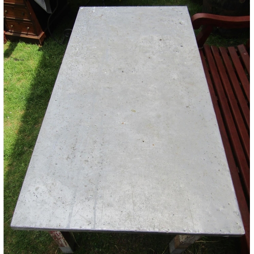 2145 - A work or garden table of rectangular form with zinc clad top raised on painted and distressed pine ... 