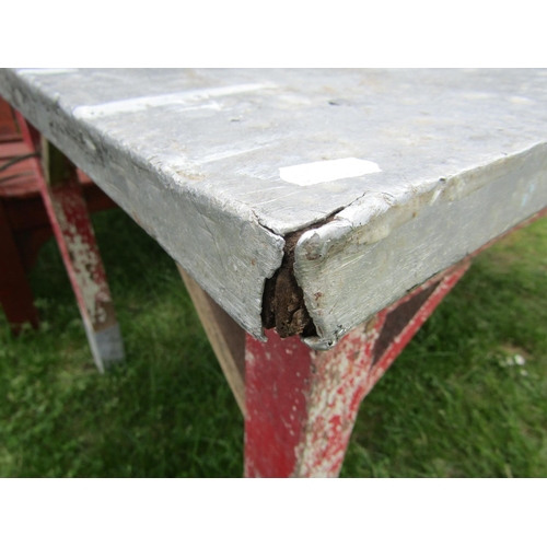 2145 - A work or garden table of rectangular form with zinc clad top raised on painted and distressed pine ... 