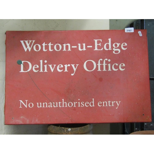 2167 - A vintage painted wall mounted signed of rectangular form, red ground with white lettering, Wotton U... 