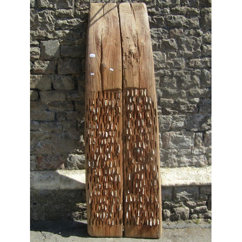 2232 - A vintage pine agricultural curved threshing board/sculpture, with inset flint stone, 55cm wide x 18... 