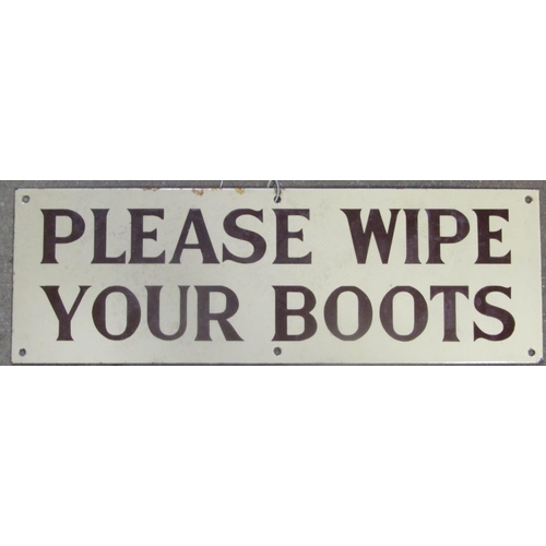 2239 - An small enamel sign of rectangular form with cream ground, brown lettering - Please Wipe Your Boots... 