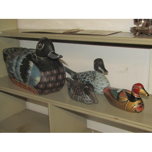 2240 - Four hand painted carved wooden model ducks of varying size, the largest 45cm long x 24cm high