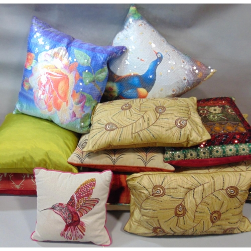 1620 - Collection of 12 contemporary cushions, most with striking patterns including 2 sequinned cushions b... 