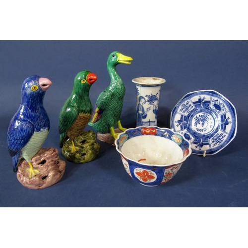 1065 - Two Japanese ceramic models of birds, one with green glaze and one with blue glaze finish, 17.5cm ta... 