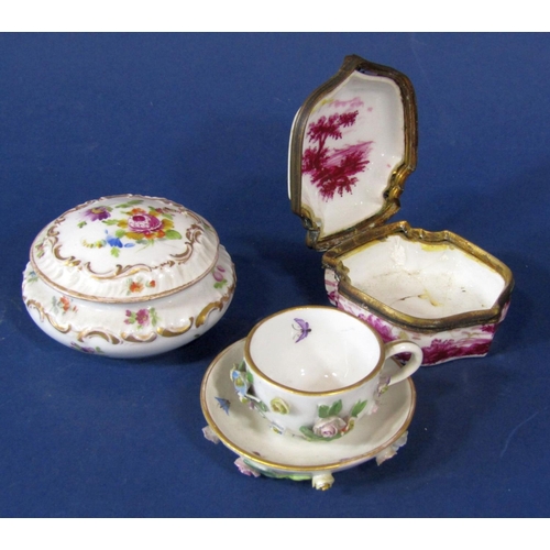 1074 - A 19th century Meissen type miniature cabinet cup and saucer with encrusted floral decoration, with ... 