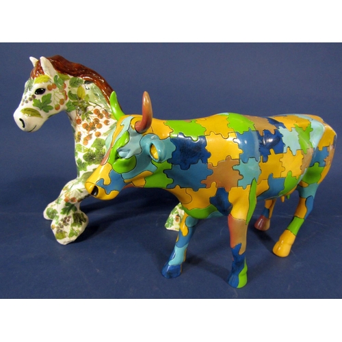 1083 - An unusual model of a cow with jigsaw puzzle style detail, a further model of a trotting horse with ... 