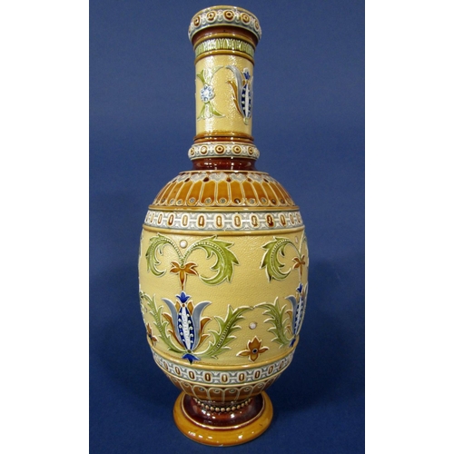 1087 - A late 19th century Mettlach vase with relief moulded and painted scrolling detail and impressed mar... 