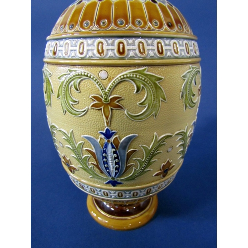 1087 - A late 19th century Mettlach vase with relief moulded and painted scrolling detail and impressed mar... 