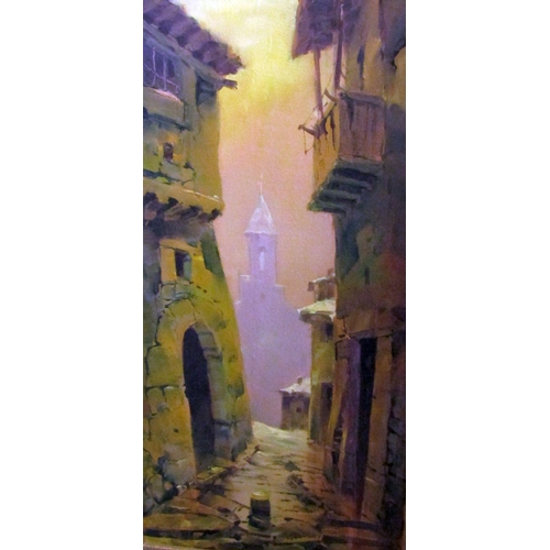 105 - Rezzetti (20th century continental school) - Italian style street scene with church tower, oil on ca... 