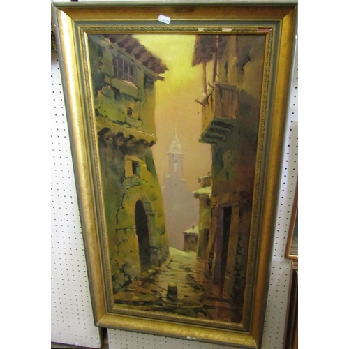 105 - Rezzetti (20th century continental school) - Italian style street scene with church tower, oil on ca... 