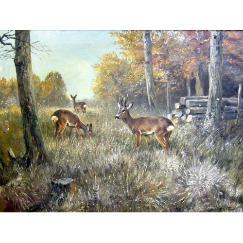 109 - R Scholz (20th century continental school) - Woodland clearing with grazing deer, oil on canvas, sig... 