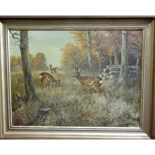 109 - R Scholz (20th century continental school) - Woodland clearing with grazing deer, oil on canvas, sig... 