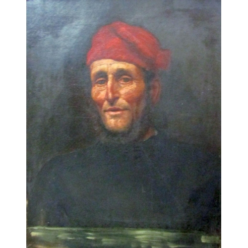 116 - 19th century school - Shoulder length portrait of a bearded man in a red cap, possibly a fisherman, ... 