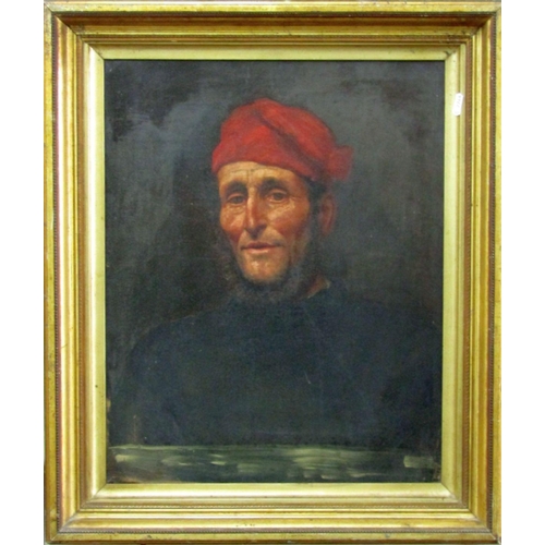 116 - 19th century school - Shoulder length portrait of a bearded man in a red cap, possibly a fisherman, ... 