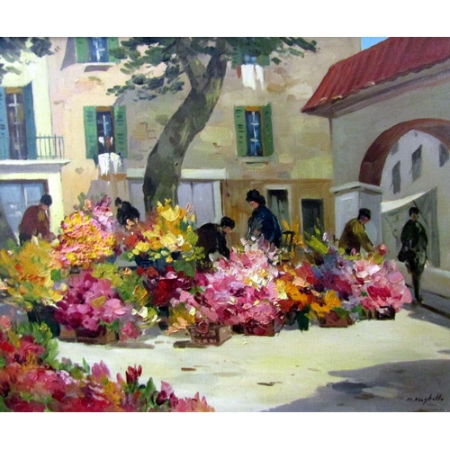 118 - R Righetti (20th century continental school) - Flower Market at Menton, oil on canvas, signed and wi... 